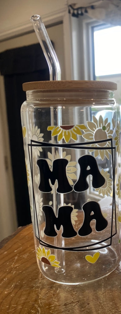 Mama Sunflower Glass Mug - 16 oz