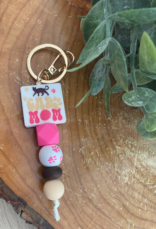 Cat Mom Beaded Keychain